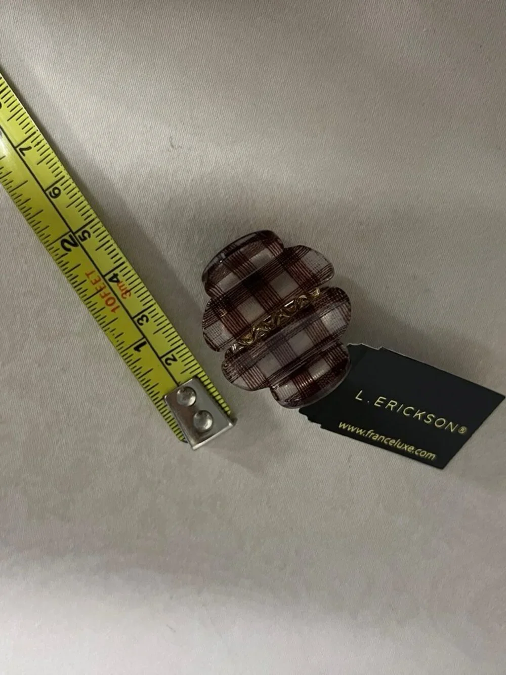 NWT L. Erickson 2 Pack Mini Jaw Hair Clip Set Brown and White Plaid